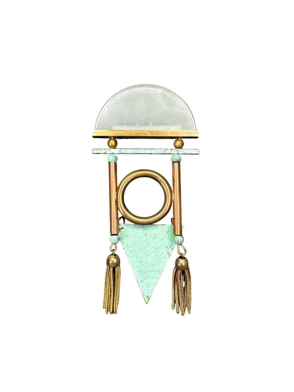Vintage Post Modern Lucite, Metal, and Brass Brooch Pin with Tassels
